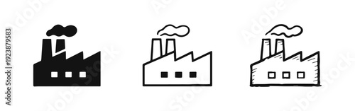 Industrial Factory Icon Set with Multiple Chimneys and Smoke in Diverse Styles