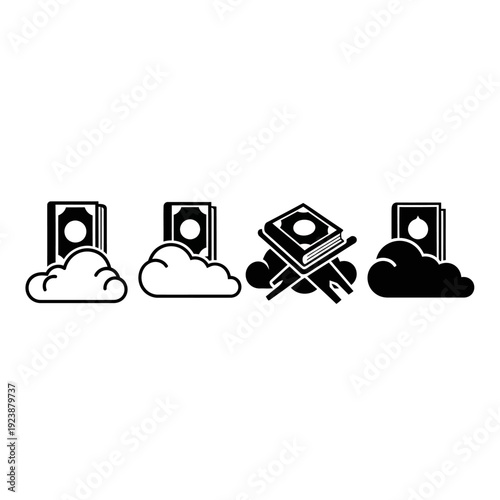 Islamic finance concept: Quran on clouds, money, and religious symbols