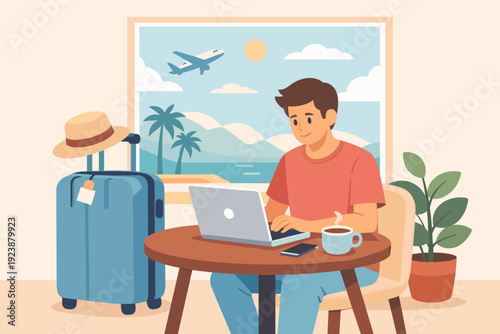 Digital nomad working on laptop with suitcase and travel view, remote work lifestyle illustration