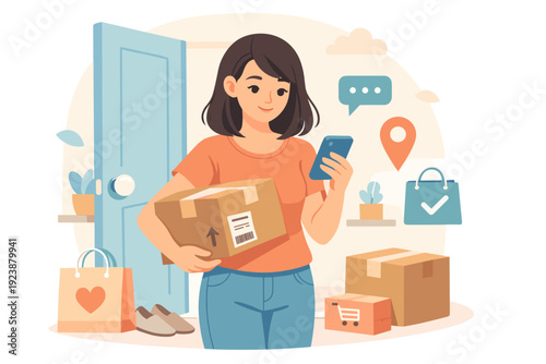 Online seller packing parcel and checking smartphone orders, e commerce shipping illustration