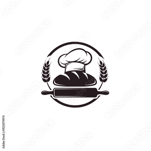 Bakery logo with chef hat, bread, rolling pin, and wheat ears in a circular frame.