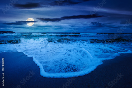tide rolling on the sandy beach at night. full moon over sea waves beneath a cloudy sky. empty calm scenery in summer. loneliness concept. mysterious image for wallpaper or book cover use
