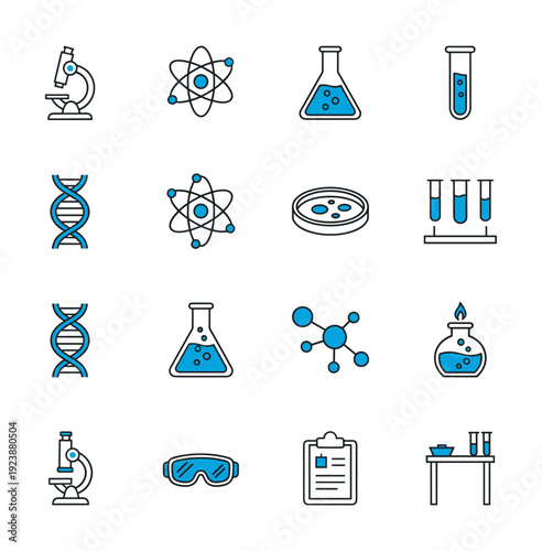 Collection of science and laboratory icons with blue accents on a white background