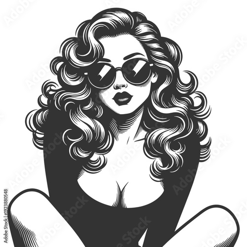 glamorous woman with voluminous curls wearing oversized sunglasses and bodysuit, confident retro fashion vibe sketch engraving generative ai vector. Scratch board imitation. Black and white image.