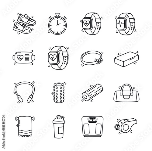 Collection of hand-drawn fitness equipment and accessories for a healthy lifestyle