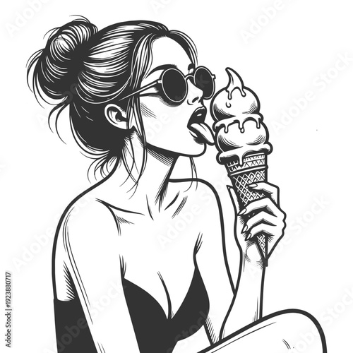 woman with hair bun and round sunglasses licking dripping ice cream cone, summer pinup mood sketch engraving generative ai fictional character vector illustration. Scratch board. Black and white image