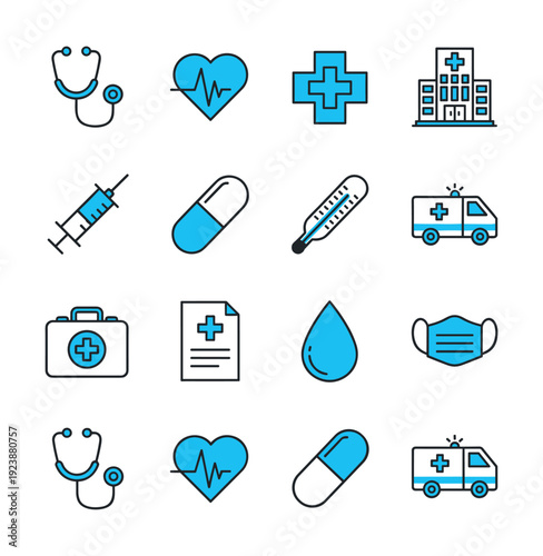 Collection of medical icons representing healthcare services and equipment