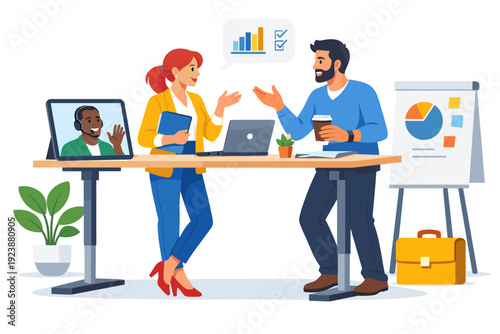 Business colleagues discussing project with laptop and charts in office meeting illustration