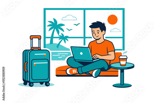 Freelancer working on laptop at airport lounge with suitcase, digital nomad travel lifestyle illustration