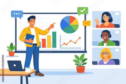 Business presentation with analytics charts in video conference meeting, remote teamwork illustration