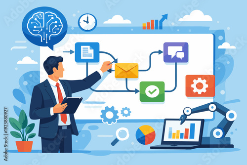 Artificial intelligence business process automation with data analytics and robotics illustration