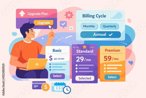 Subscription pricing plans and billing cycle selection, SaaS pricing table illustration