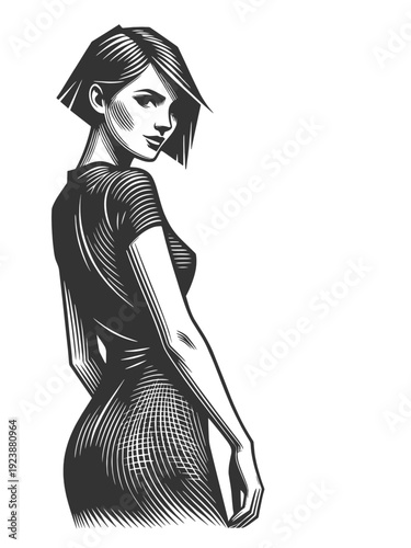 elegant woman with short bob haircut wearing fitted dress, looking back with confident modern style sketch engraving generative ai vector illustration. Scratch board imitation. Black and white image.