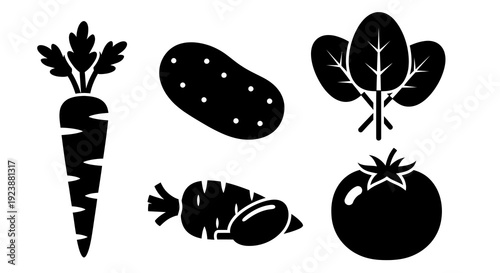 Food  Nutrition Glyph Icons: Black and White Vegetable Collection - Carrot, Potato, Spinach, Tomato, Eggplant Silhouettes for Healthy Eating