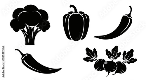 Food and Agriculture Glyph Icons: Black and White Silhouette Vector Set of Healthy Vegetables - Broccoli, Bell Pepper, Chili Pepper, Radishes