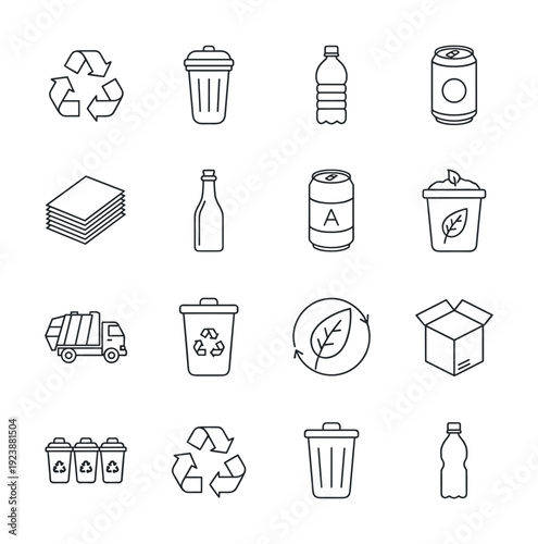 Collection of recycling and waste management icons for environmental awareness