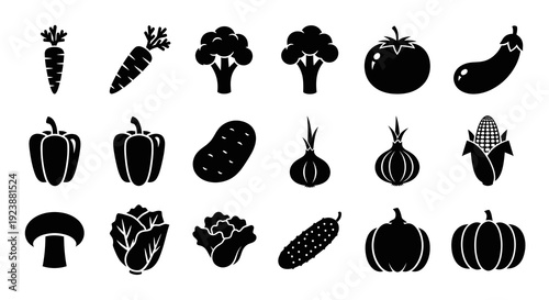Food Industry Vegetable Icons Set: Black and White Glyph Vector Collection of Healthy Produce for Nutrition, Agriculture, and Cooking Themes