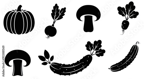 Food and Agriculture Glyphs: Black and White Silhouette Icon Set of Fresh Organic Vegetables and Mushrooms - Pumpkin, Radish, Carrot, Cucumber for Healthy Eating