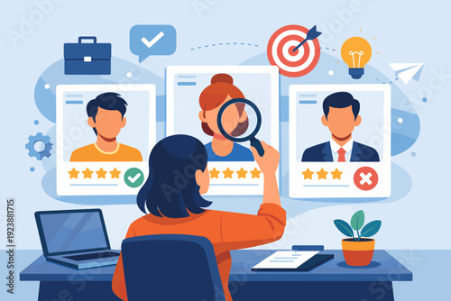 HR manager evaluating candidates with ratings and profiles, recruitment and hiring illustration