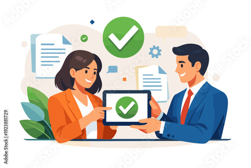 Business approval and agreement with checklist and check marks, contract confirmation illustration