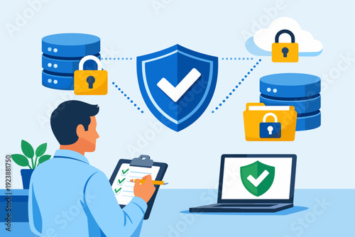 Data Security Protection Concept with Encryption, Secure Database and Cyber Shield Illustration