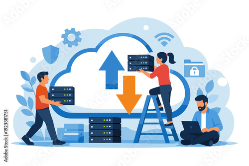 Cloud Data Backup and Synchronization Process with Server Management Team Illustration