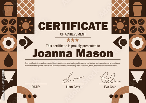 Abstract certificate diploma bakery mosaic with coffee geometric design.