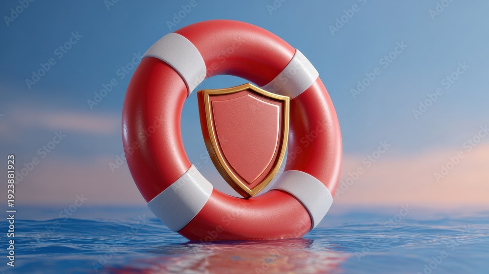 Naklejka premium Conceptual Lifebuoy Icon Combined With Shield Symbol on Gradient Ocean Backdrop During Sunset