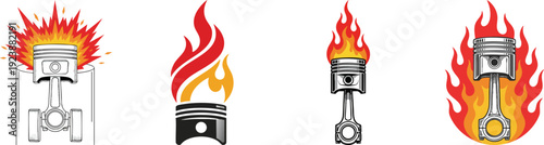 Flaming Engine Pistons Illustration Set for Automotive Power