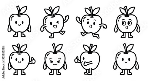 Black  White Line Art of Cute Apple Characters Collection. Cartoon Mascot Design for Food, Health, and Kids Education.