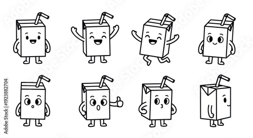 Black and White Line Art Cartoon Milk Carton Characters. Cute Food  Beverage Juice Boxes Outline Vector Illustrations Set.