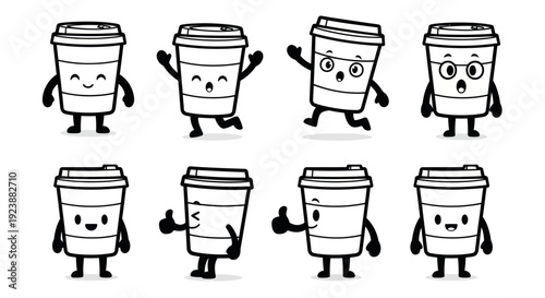 Cute Black and White Line Art Cartoon Coffee Cups with Happy Faces and Various Poses for Food and Drink Industry Illustrations