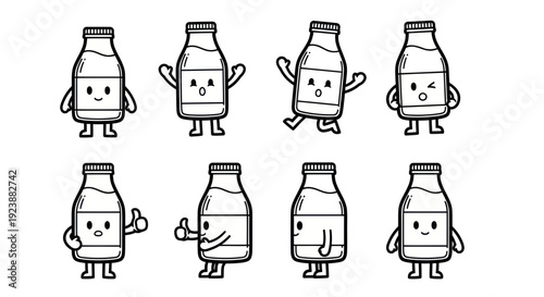 Cute Black  White Line Art Milk Bottle Cartoon Characters Set - Food  Drink Industry Doodle