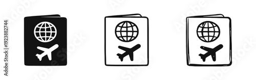 Passport with Airplane and Globe Icon Set for International Travel, Solid, Outline, and Hand-Drawn Styles