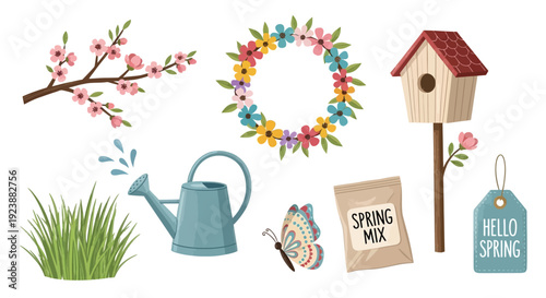 A collection of vibrant spring-themed items including a birdhouse, floral wreath, cherry blossoms, watering can, and seed packet.