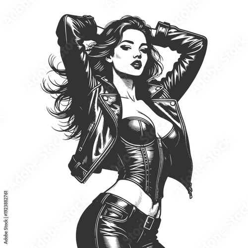 confident woman in leather jacket and corset, hands behind head, edgy pinup fashion style sketch engraving generative ai fictional character vector illustration. Scratch board. Black and white image.