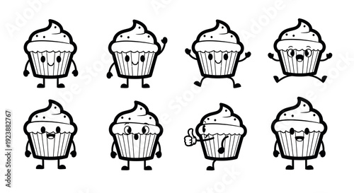 Food Industry Cute Cupcake Mascots Black and White Line Art Vector Icons Set for Baking, Dessert, and Sweet Treat Branding