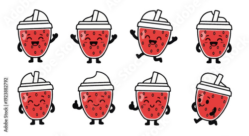 Cute Strawberry Drinks Character Set. Kawaii Flat Vector Illustration of Happy Food and Beverage Cups with Various Poses and Facial Expressions.