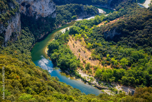 Photos Panoramic view of the famous Ardèche Gorge “Réserve Naturelle Nationale des Gorges de l'Ardèche” in southern France