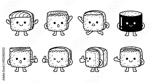 Cute Black  White Line Art Sushi Food Characters - Japanese Cuisine Cartoon Icons Vector Set