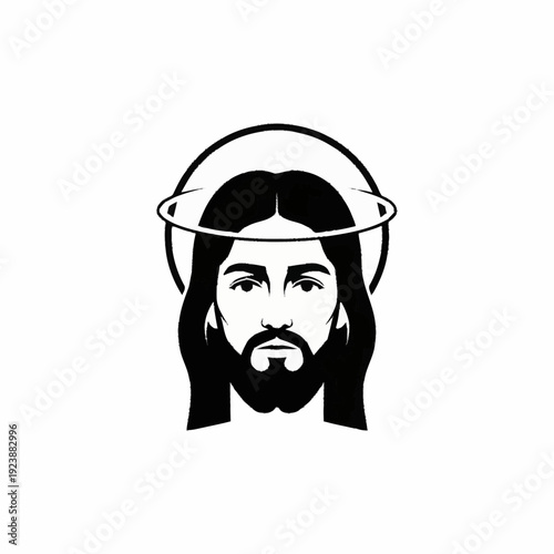 Jesus Christ face with halo religious symbol.