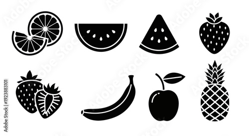 Food and Healthy Eating Glyph Icons Set. Assorted Fresh Fruits in Black and White Solid Style: Orange, Watermelon, Strawberry, Banana, Apple, Pineapple. Diet  Nutrition Vector.