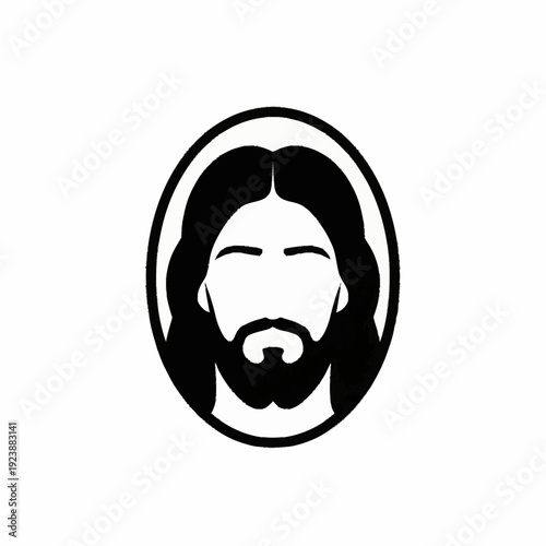 Stylized Icon of Jesus Christs Face with Beard and Long Hair.