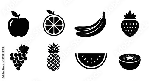 Food and Healthy Eating Industry Vector Fruits Icons Set. Black and White Glyph Style Collection featuring Apple, Orange, Banana, Strawberry, Grapes, Pineapple, Watermelon, and Kiwi.