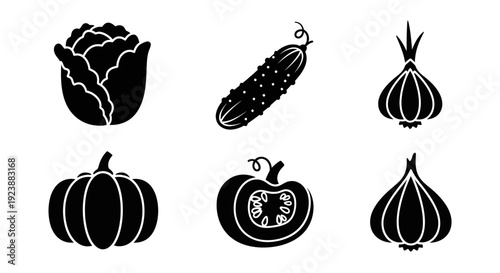 Food and Agriculture Vegetable Glyph Icons Set. Black  White Silhouettes of Cabbage, Cucumber, Pumpkin, Tomato, and Garlic for Healthy Diet  Gardening.