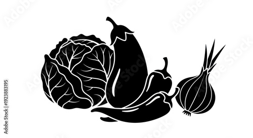 Food Industry Black and White Glyph Vector Illustration of Fresh Farm Vegetables: Cabbage, Eggplant, Chili Peppers, and Onion, symbolizing healthy eating and natural produce.