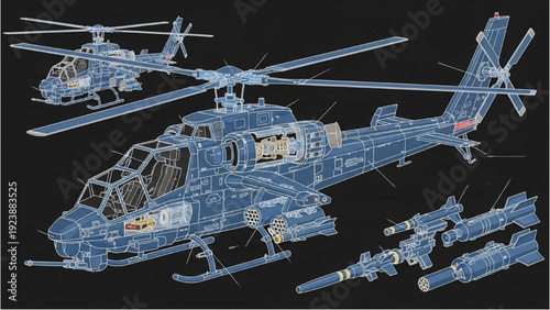 Detailed vehicle autocad blueprint of a helicopter displayed with various parts and missiles on a dark background from a slightly angled viewpoint