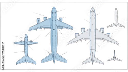 Aerial views of an airplane blueprint with precise vehicle autocad designs showcasing various angles and perspectives
