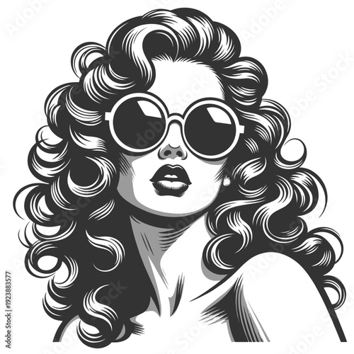 stylish woman wearing oversized round sunglasses, classic beauty portrait with wavy hair on white sketch engraving generative ai fictional character vector illustration. Scratch board. Black and white
