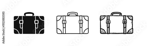 Vintage Suitcase Travel Icon Set with Solid, Outline, and Hand-Drawn Styles, Isolated on White Background